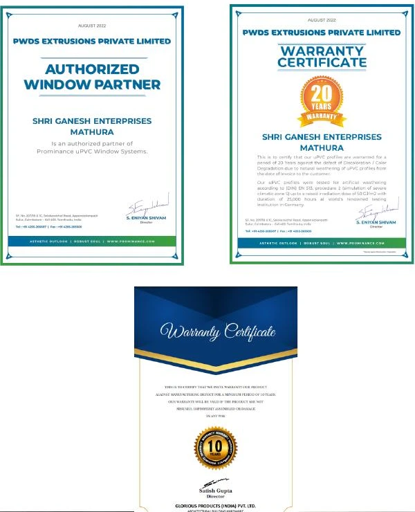 Partner and warranty certificates reproduced from the SGE company profile